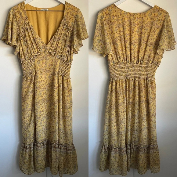 Max Studio yellow floral smocked ruffle short sleeve dress size large - Picture 1 of 10